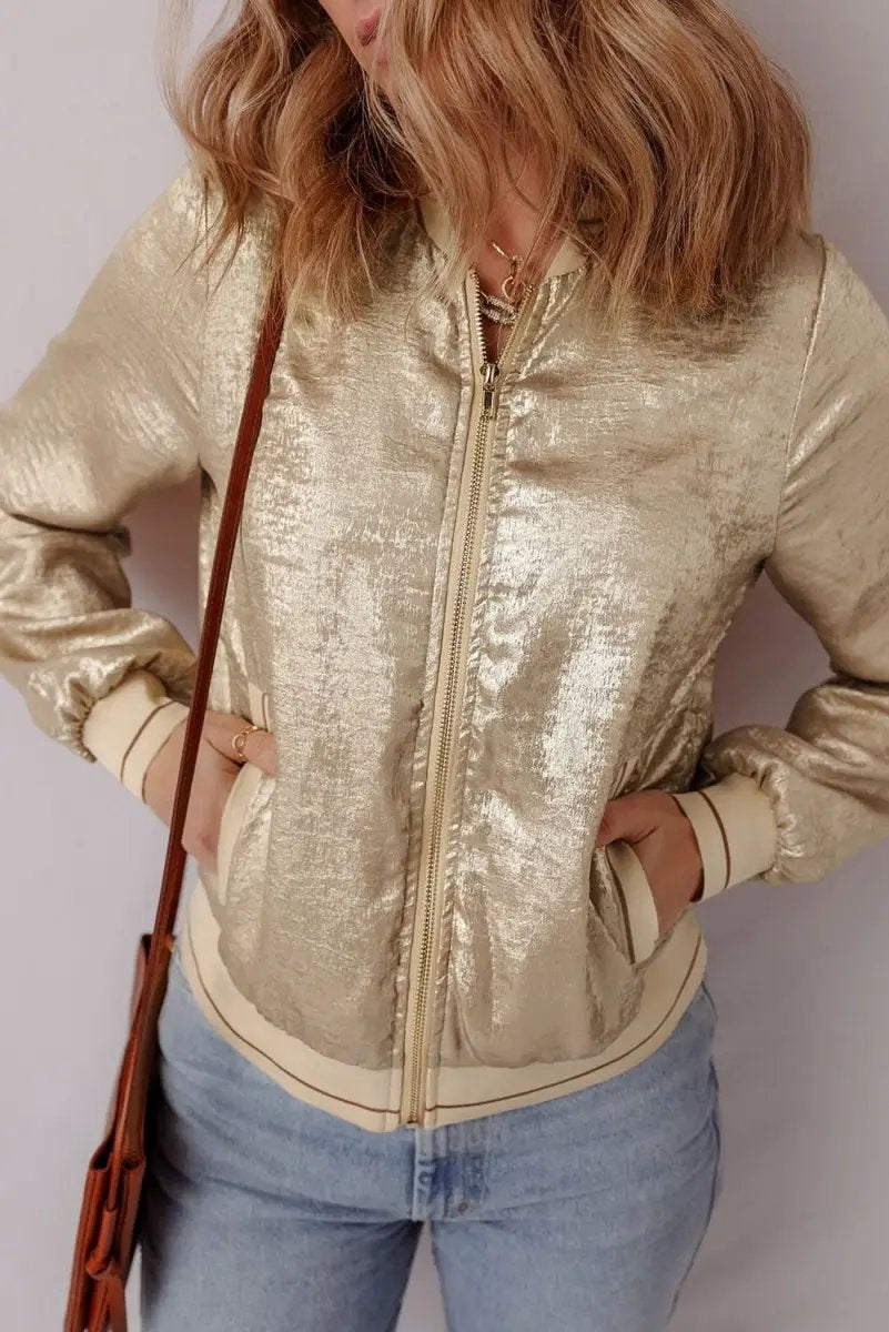Pale Khaki Metallic Zip up Baseball Jacket - Love Salve